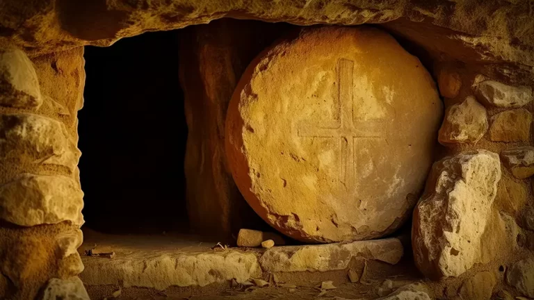 Sepulcro medio abierto de Jesús al amanecer, símbolo de la espera del Sábado Santo