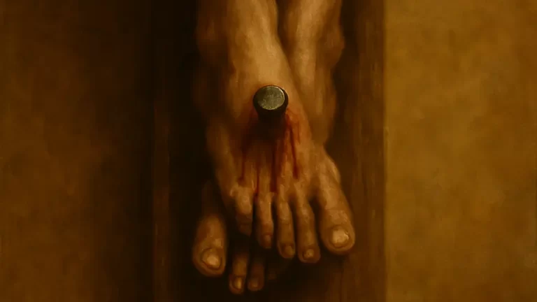Pies de Jesús crucificado representados en una pintura al óleo de estilo tradicional, símbolo del sacrificio en el Viernes Santo.