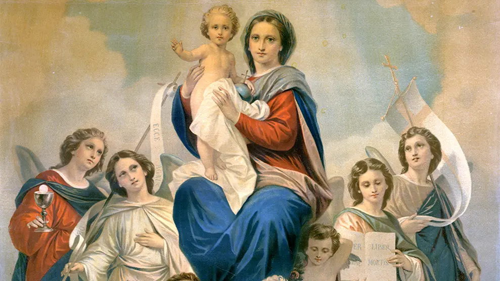 Cuadro de María Regina Angelorum con la Virgen María rodeada de ángeles, reflejo de su realeza celestial y maternidad espiritual
