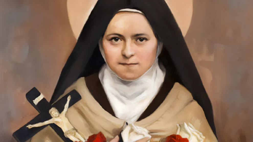 Pintura de Santa Teresita del Niño Jesús sosteniendo un ramo de flores, símbolo de su espiritualidad del amor.
