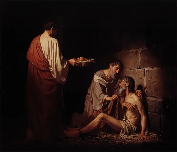 Pintura al óleo que representa la caridad cristiana en los primeros tiempos de la Iglesia. Obra de José María Ibarrarán y Ponce, 1883.