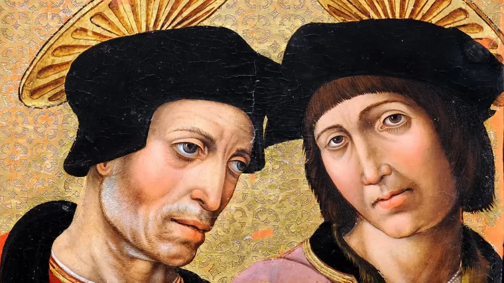 Pintura renacentista de Santos Cosme y Damián en la iglesia de Santa María la Mayor, mostrando su martirio y labor médica.