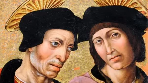 Pintura renacentista de Santos Cosme y Damián en la iglesia de Santa María la Mayor, mostrando su martirio y labor médica.