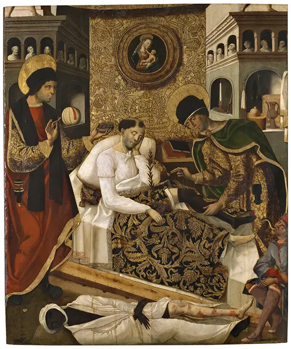 Milagros de Santos Cosme y Damián, óleo sobre tabla de Rincón (c.1510), Museo del Prado, mostrando trasplante de pierna y curación de segador.