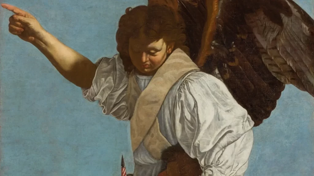 Cuadro de arte sacro que representa al Ángel Custodio protegiendo a Santa Úrsula y Santo Tomás, reflejando devoción y guía divina.