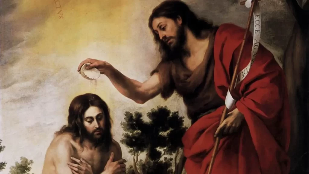 Pintura del Bautismo de Jesús por Bartolomé Esteban Murillo, representando a San Juan Bautista vertiendo agua sobre Cristo bajo la paloma del Espíritu Santo.