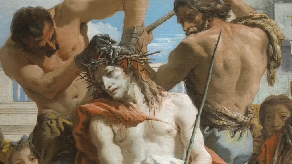 Cuadro de la Coronación de espinas de Giandomenico Tiepolo, donde se observa a Jesús sufriendo la burla de los soldados romanos mientras le clavan la corona.