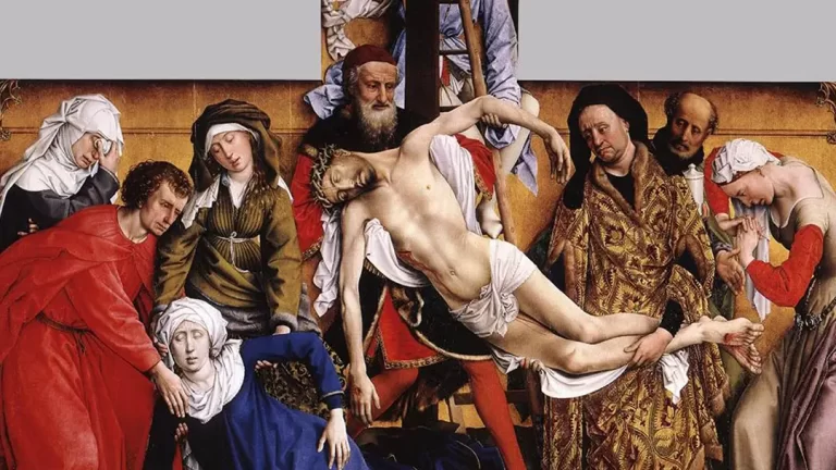 Pintura El Descendimiento de la Cruz de Rogier van der Weyden, obra maestra expuesta en la Iglesia de las Calatravas durante los Oficios de Semana Santa 2026 en Madrid.