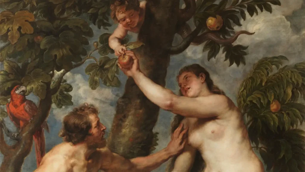 Cuadro de Rubens que representa a Adán y Eva en el momento de la tentación y el pecado original en el Jardín del Edén.
