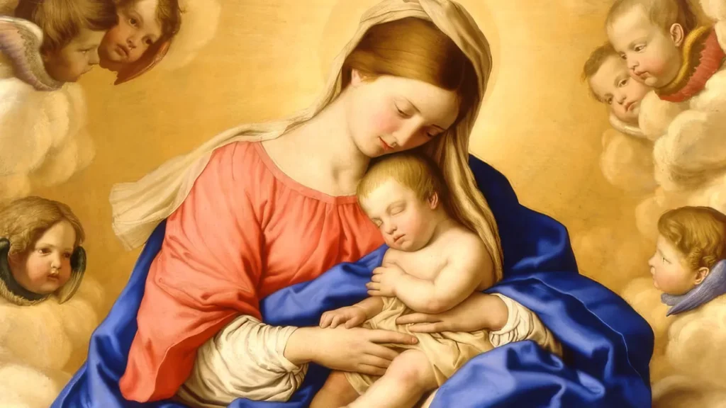 Pintura sacra de la Virgen María con el Niño Jesús en brazos, rodeados de ángeles y querubines en la gloria.