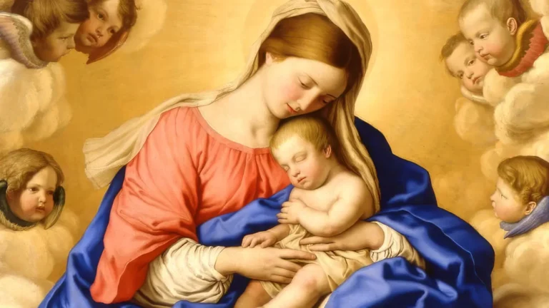 Pintura sacra de la Virgen María con el Niño Jesús en brazos, rodeados de ángeles y querubines en la gloria.