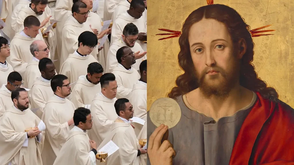 Cuadro del Salvador Eucarístico de Juan de Juanes junto a una fotografía con numerosos sacerdotes concelebrando.