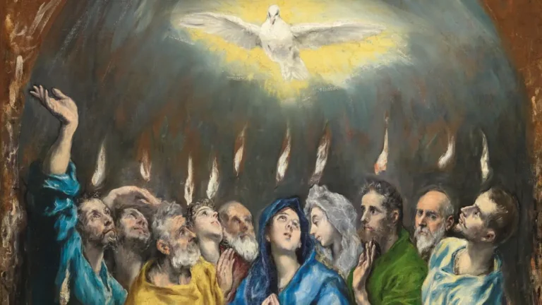 El cuadro de El Greco de Pentecostés iluminando el anuncio de la Vigilia de Pentecostés en la Iglesia de las Calatravas de Madrid.