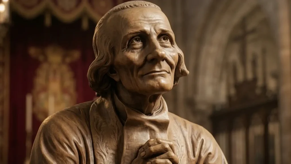 Escultura del Santo Cura de Ars, San Juan María Vianney, rezando en una iglesia