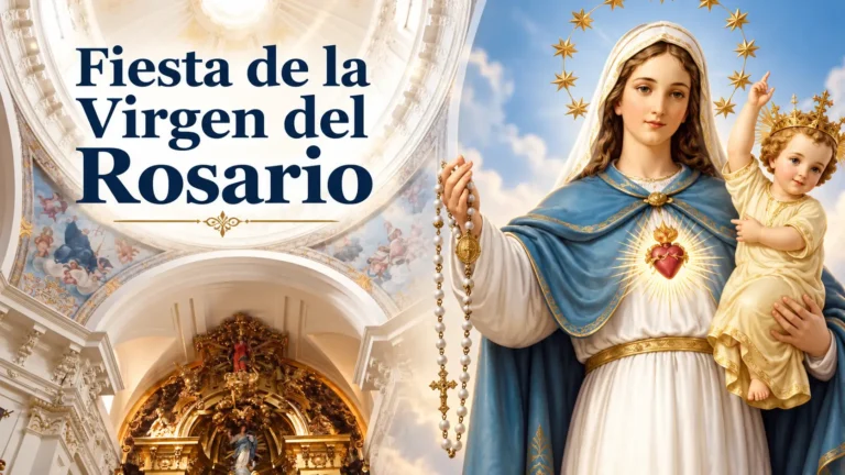 Virgen del Rosario con el Niño Jesús y un rosario en sus manos